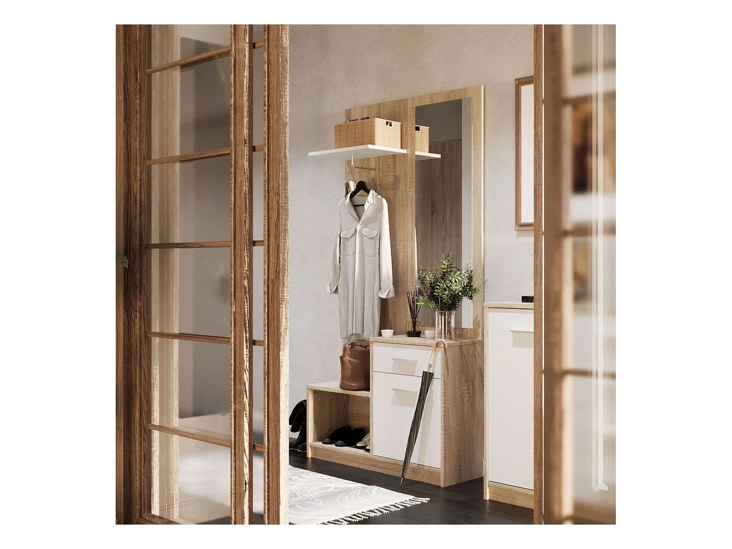 Meuble d'entrée Sett Miroir 1 tiroir 1 porte Étagère creuse Chêne blanc 90 cm