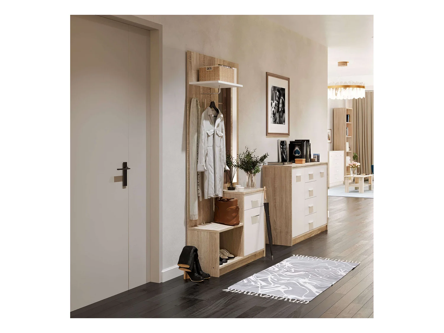 Meuble d'entrée Sett Miroir 1 tiroir 1 porte Étagère creuse Chêne blanc 90 cm