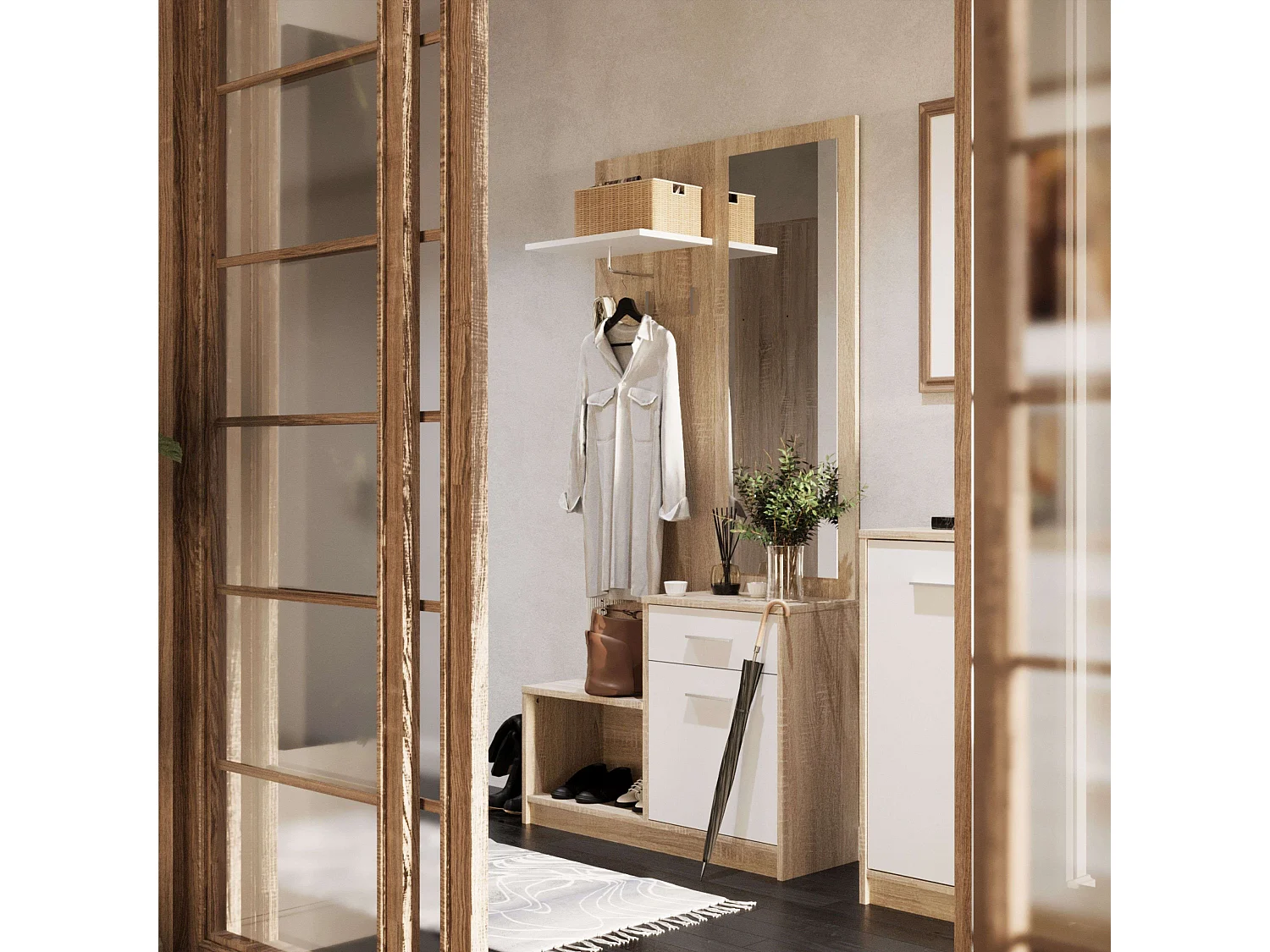 Mueble Recibidor Espejo Sett 1 Cajón 1 Puerta Estante Hueco Blanco Roble 90 cm