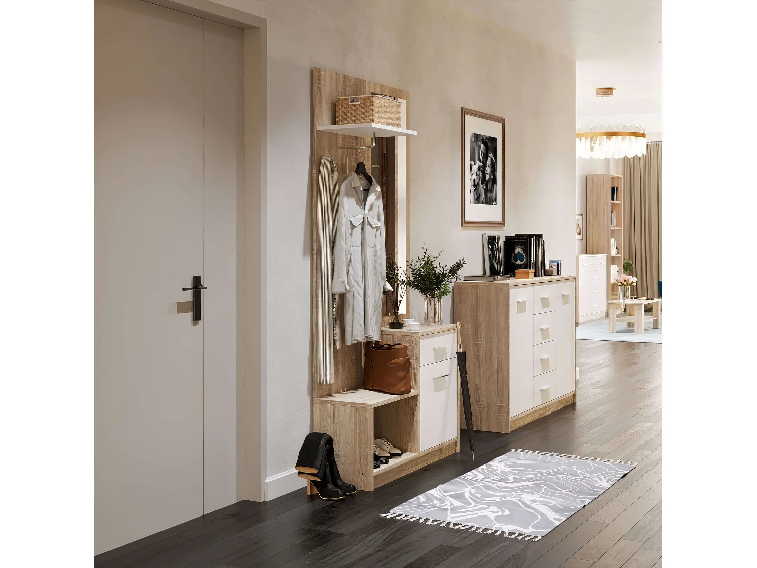 Mueble Recibidor Espejo Sett 1 Cajón 1 Puerta Estante Hueco Blanco Roble 90 cm