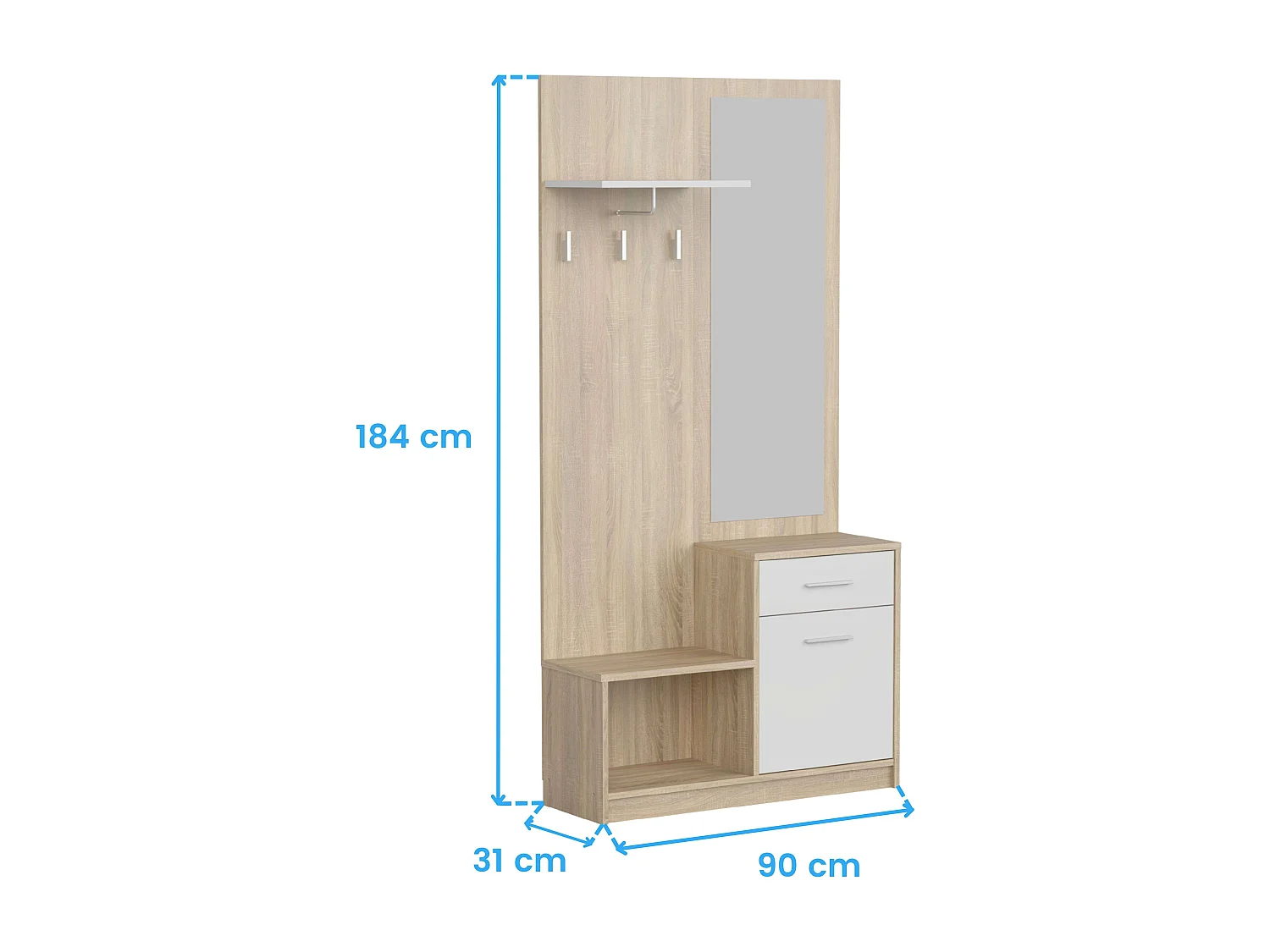 Mueble Recibidor Espejo Sett 1 Cajón 1 Puerta Estante Hueco Blanco Roble 90 cm