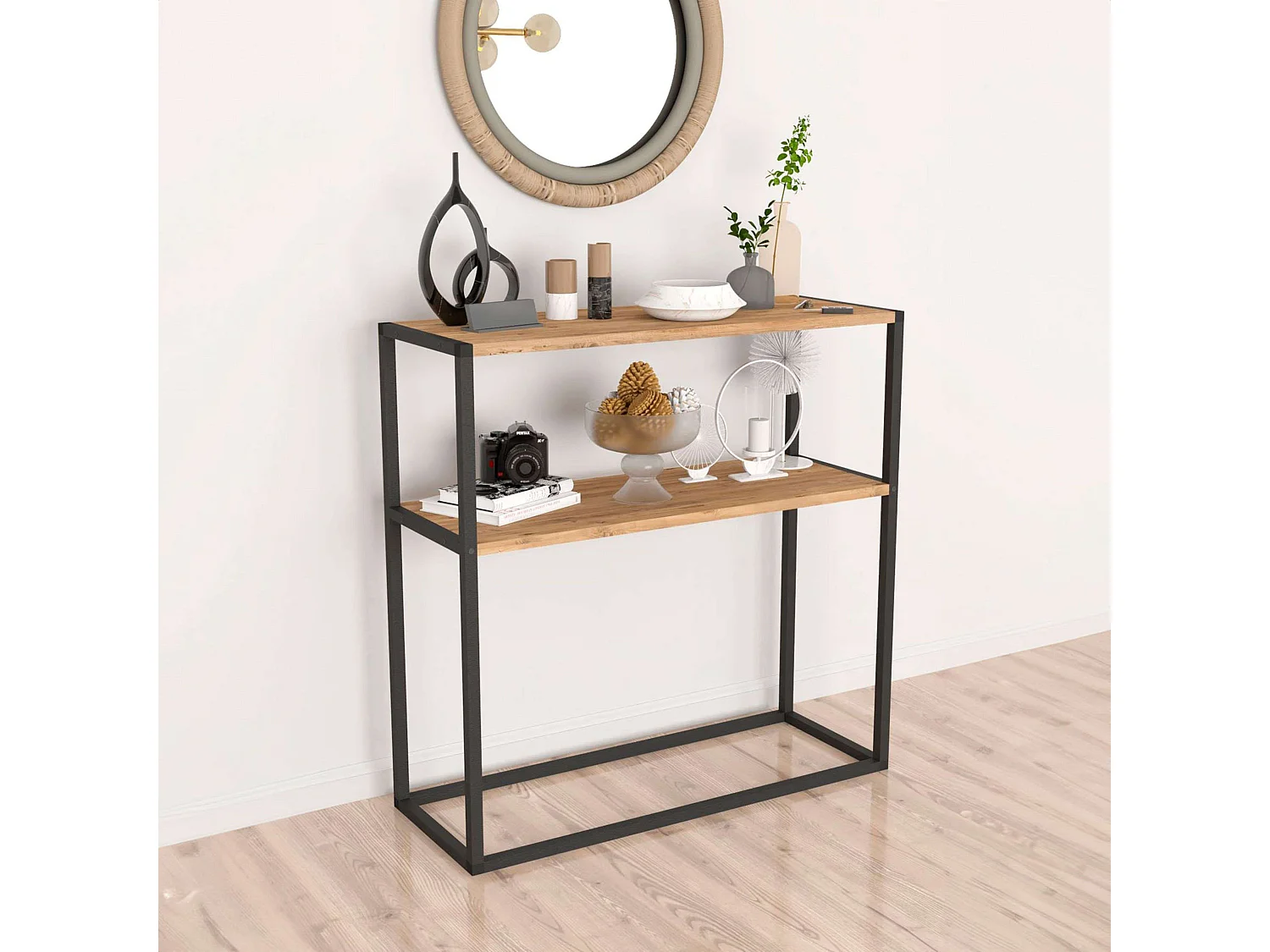 Meuble d'entrée Rus Étagères Noir et Chêne Safir 90x90x34 cm