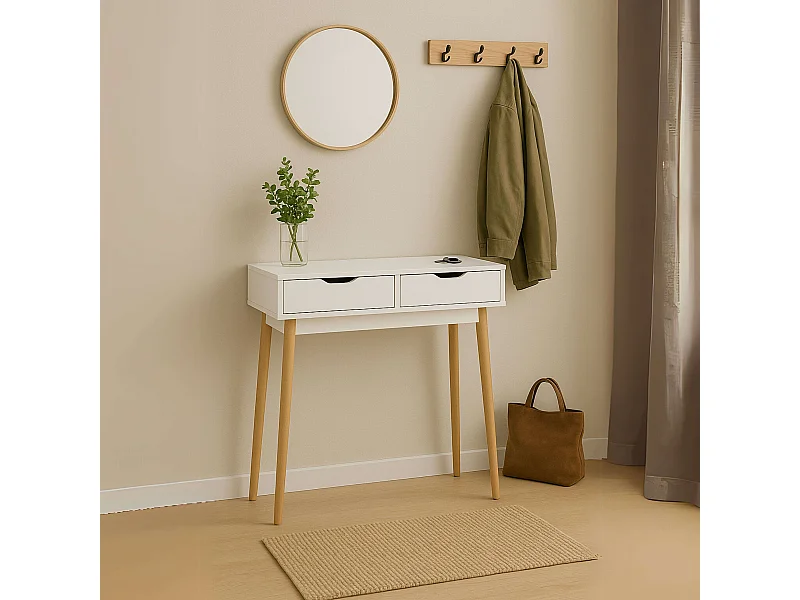 Table d'entrée blanche Fiano avec 2 tiroirs, 78x90x35 cm