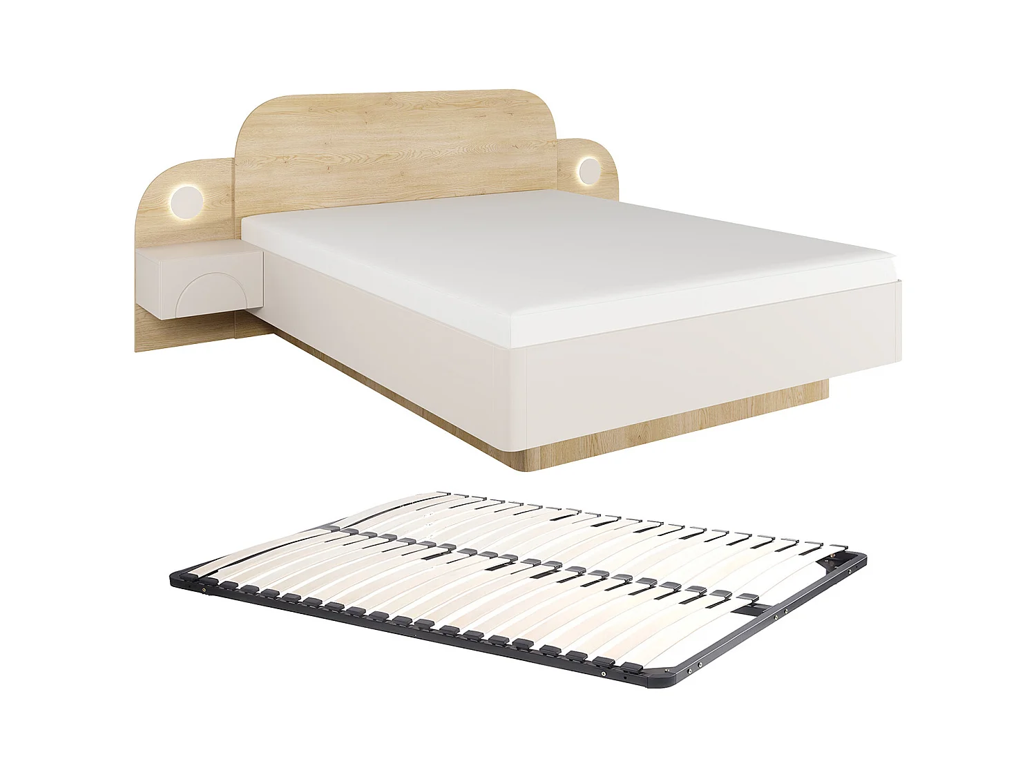 Säng 160 x 200 cm - Med sängbord och LED-belysning - Färg: Beige och Naturlig + Ribbotten- DARTAGNO