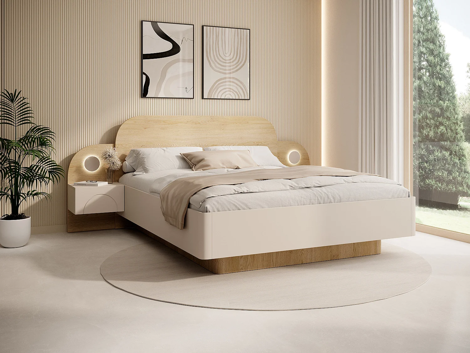 Cama 160 x 200 cm - Com mesas de cabeceira e LEDs - Cor: Bege e Natural + Estrado- DARTAGNO
