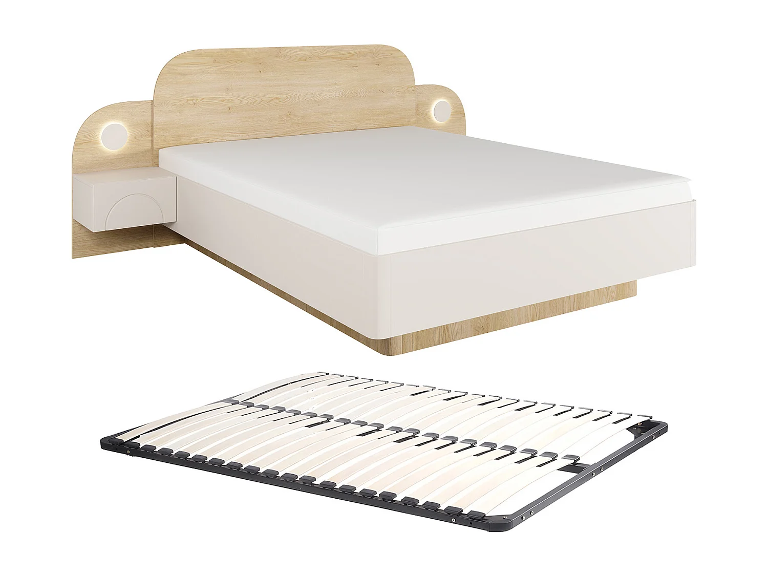 Säng 160 x 200 cm - Med sängbord och LED-belysning - Färg: Beige och Naturlig + Ribbotten- DARTAGNO