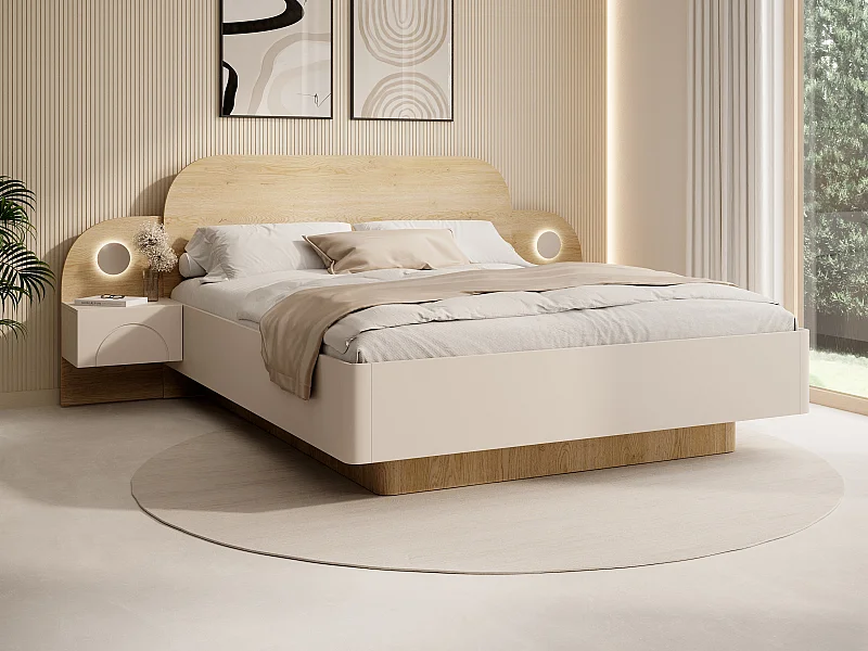 Lit 160 x 200 cm - Avec chevets et LEDs - Coloris : Beige et Naturel + Sommier- DARTAGNO