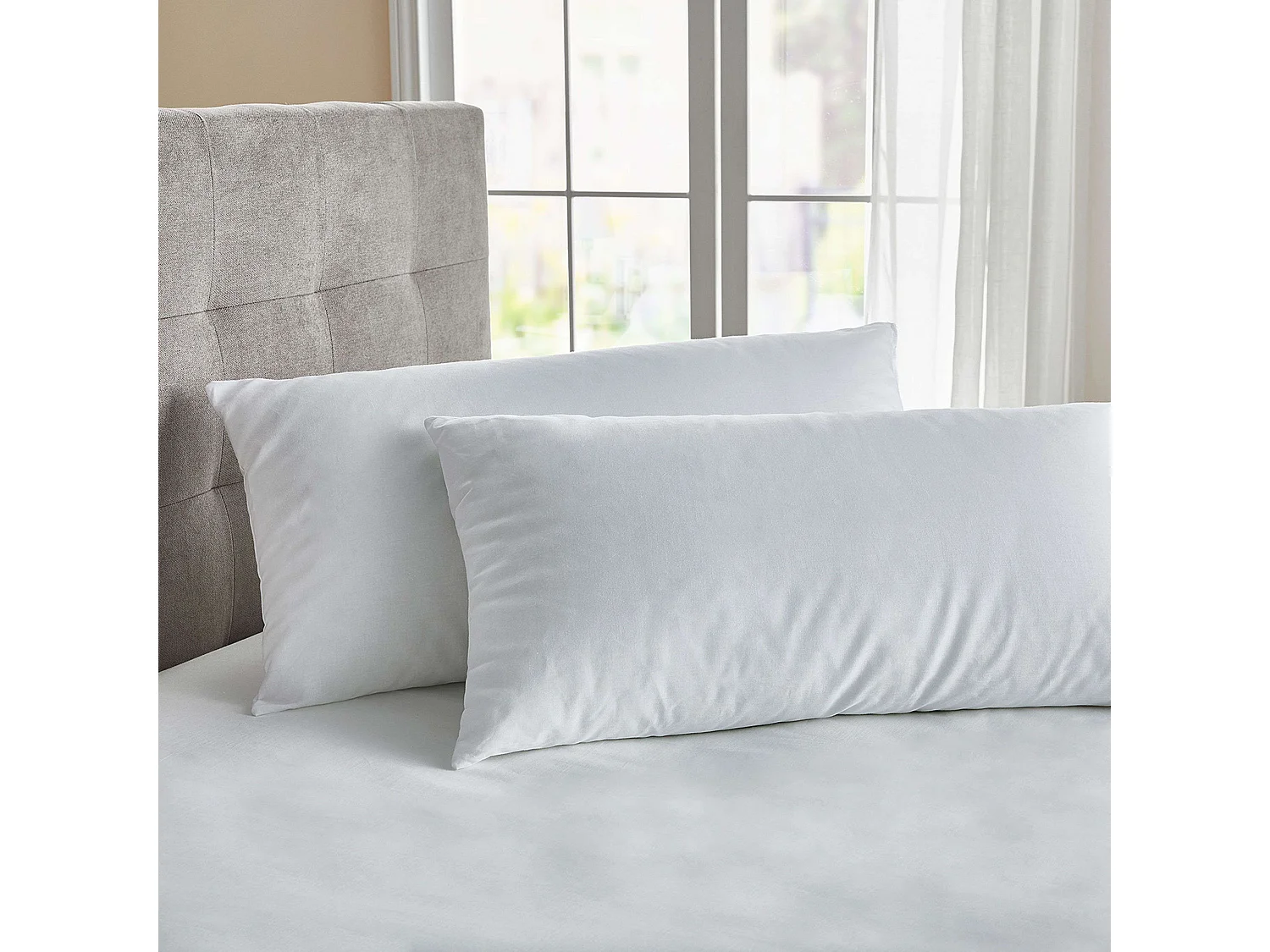 Oreiller en fibre anti-acariens, faible fermeté, tissu coton blanc, 70 cm