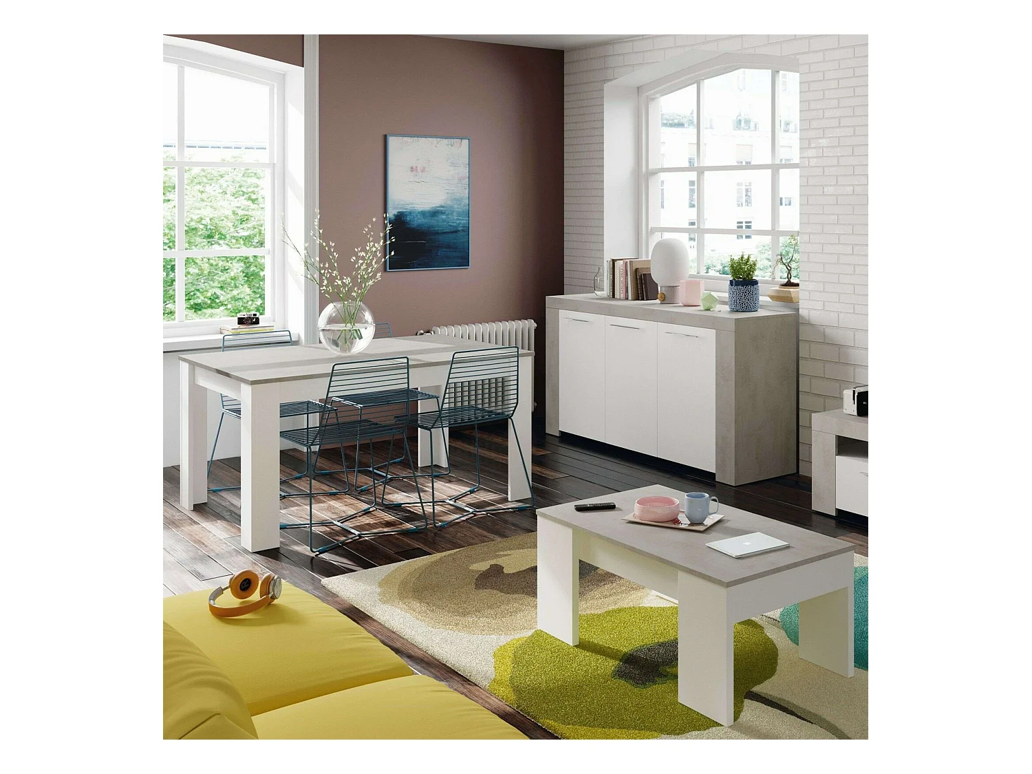 Pack Muebles Comedor Cemento y Blanco (Mesa Centro + Aparador + Comedor)