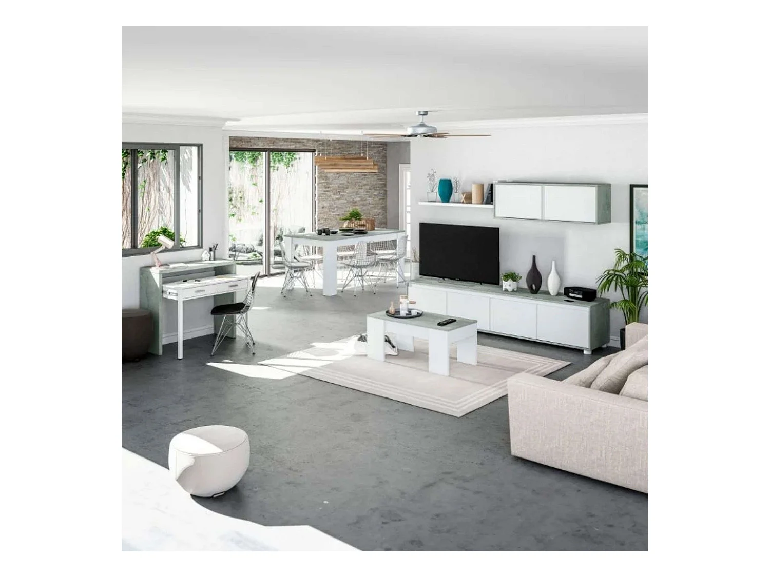 Pack Comedor Plutón II Est. Industrial (Modular+Mesa Centro+Comedor+Escritorio)