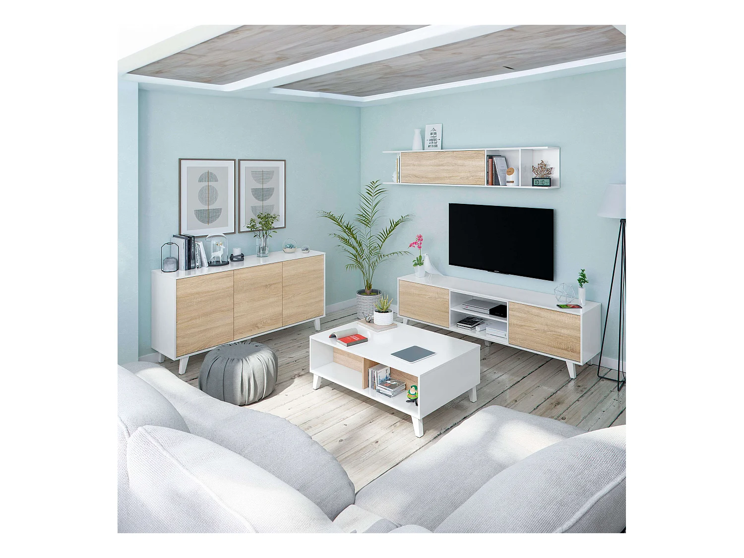 Pack Muebles Salón Blanco/Roble: Salón + Aparador + Mesa Centro