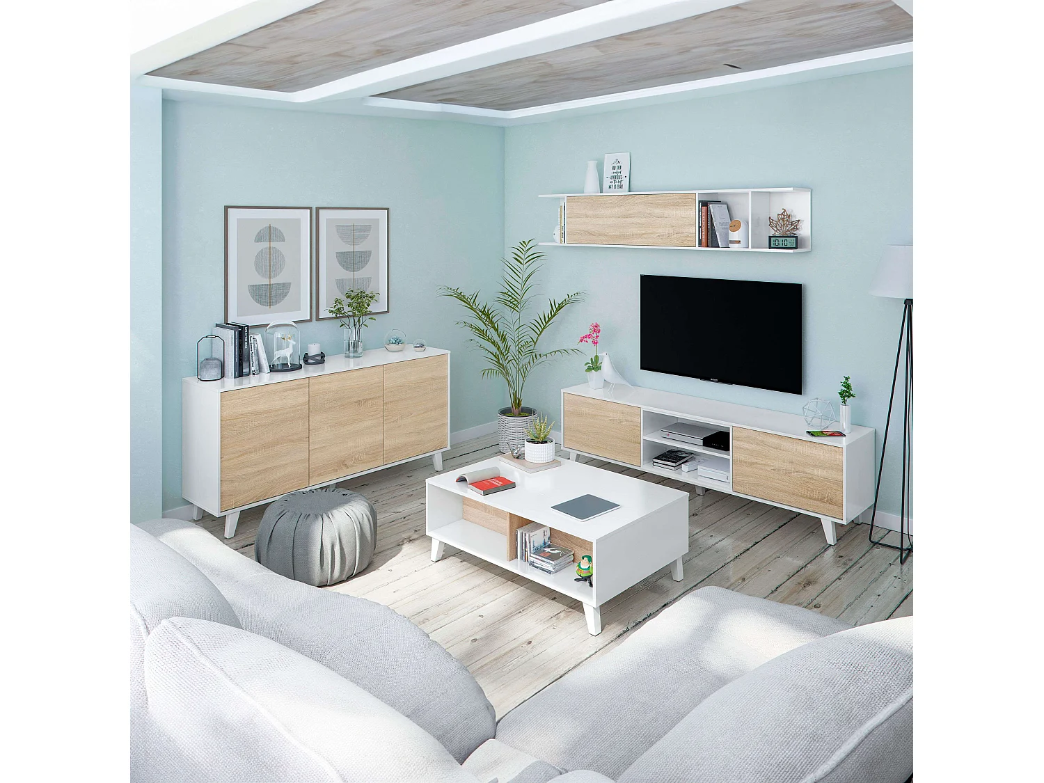 Pack Muebles Salón Blanco/Roble: Salón + Aparador + Mesa Centro