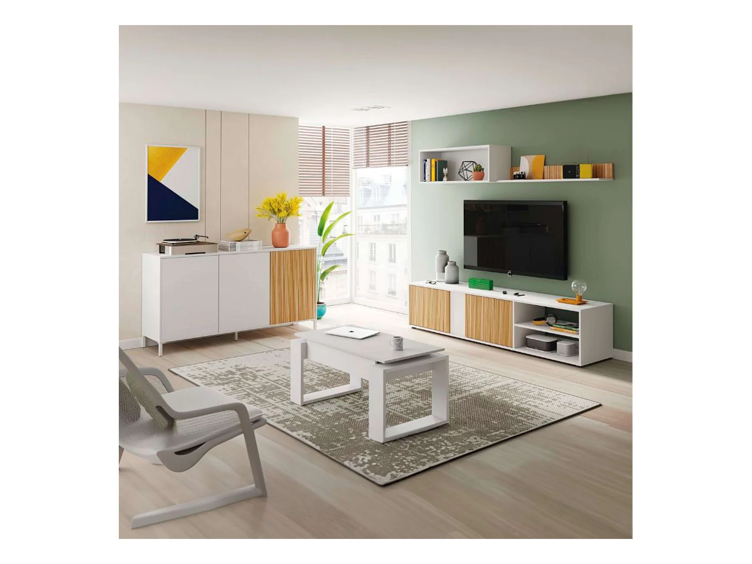 Pack de Muebles Salón Comedor Melamina Blanco Mate y Roble Natur