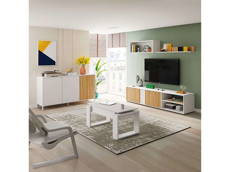 Pack de Muebles Salón Comedor Melamina Blanco Mate y Roble Natur