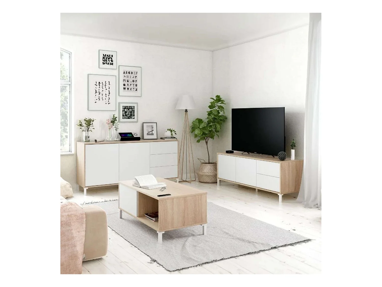 Pack salón Brooklyn roble canadian-blanco artik Estilo nórdico