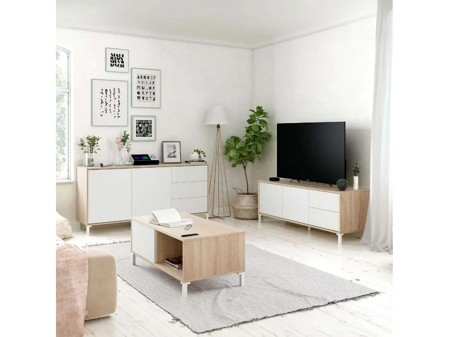 Pack salón Brooklyn roble canadian-blanco artik Estilo nórdico