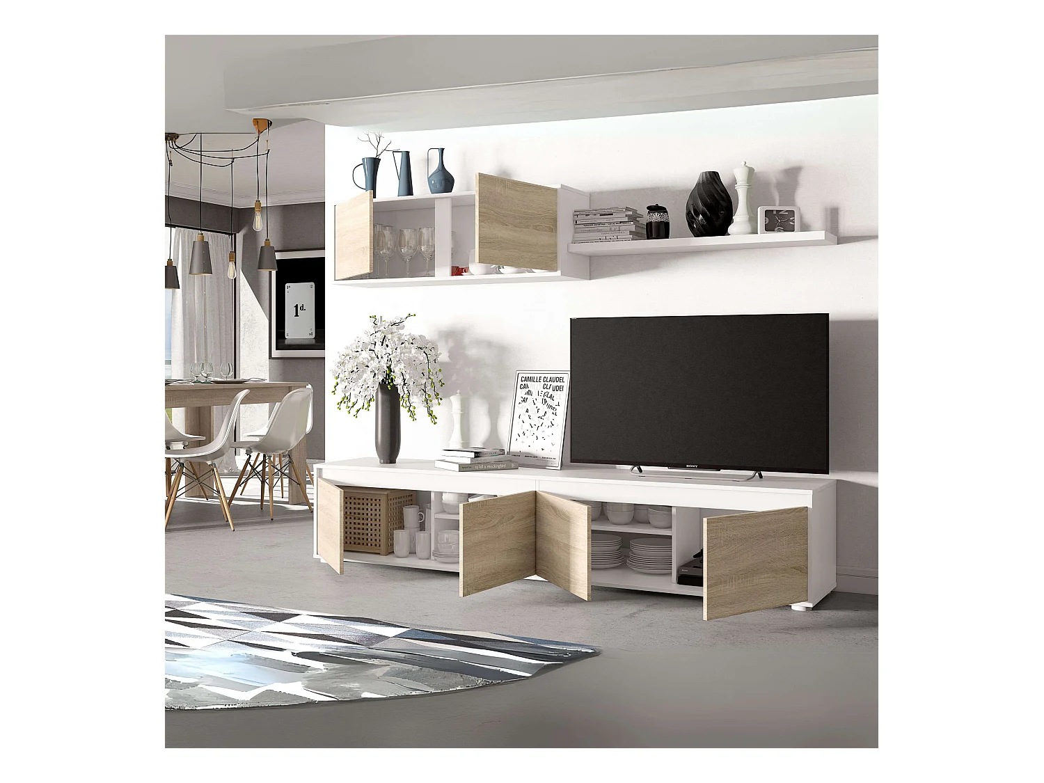 Pack de Muebles Salón Nórdico Blanco y Roble Canadian: Aparador, Mesa TV