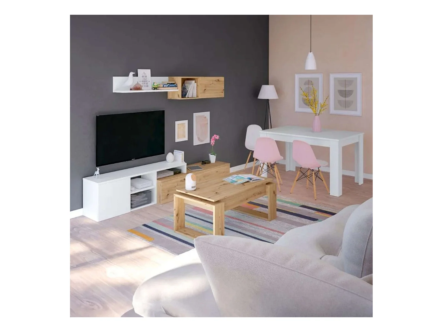 Pack muebles salón estilo moderno Roble nodi Blanco artik