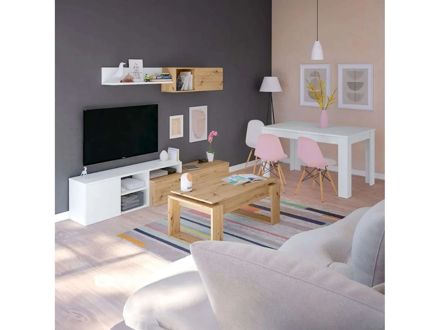 Pack muebles salón estilo moderno Roble nodi Blanco artik