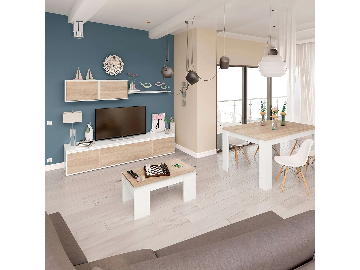 Pack Muebles Salón Estilo Nórdico Blanco Roble: TV, Mesa Centro, Comedor