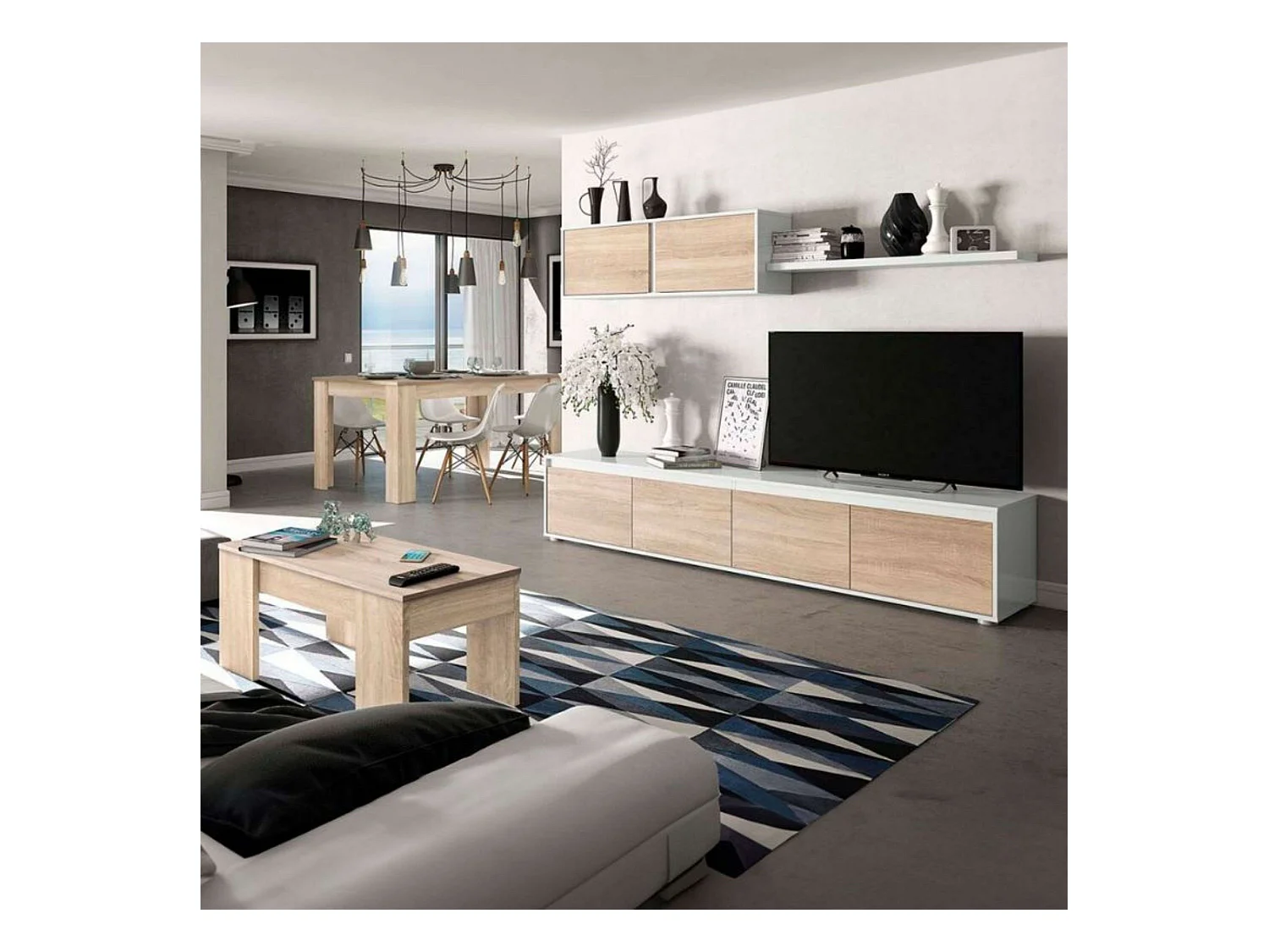Pack Muebles Salón Estilo Nórdico Blanco Roble: TV, Mesa Centro, Comedor