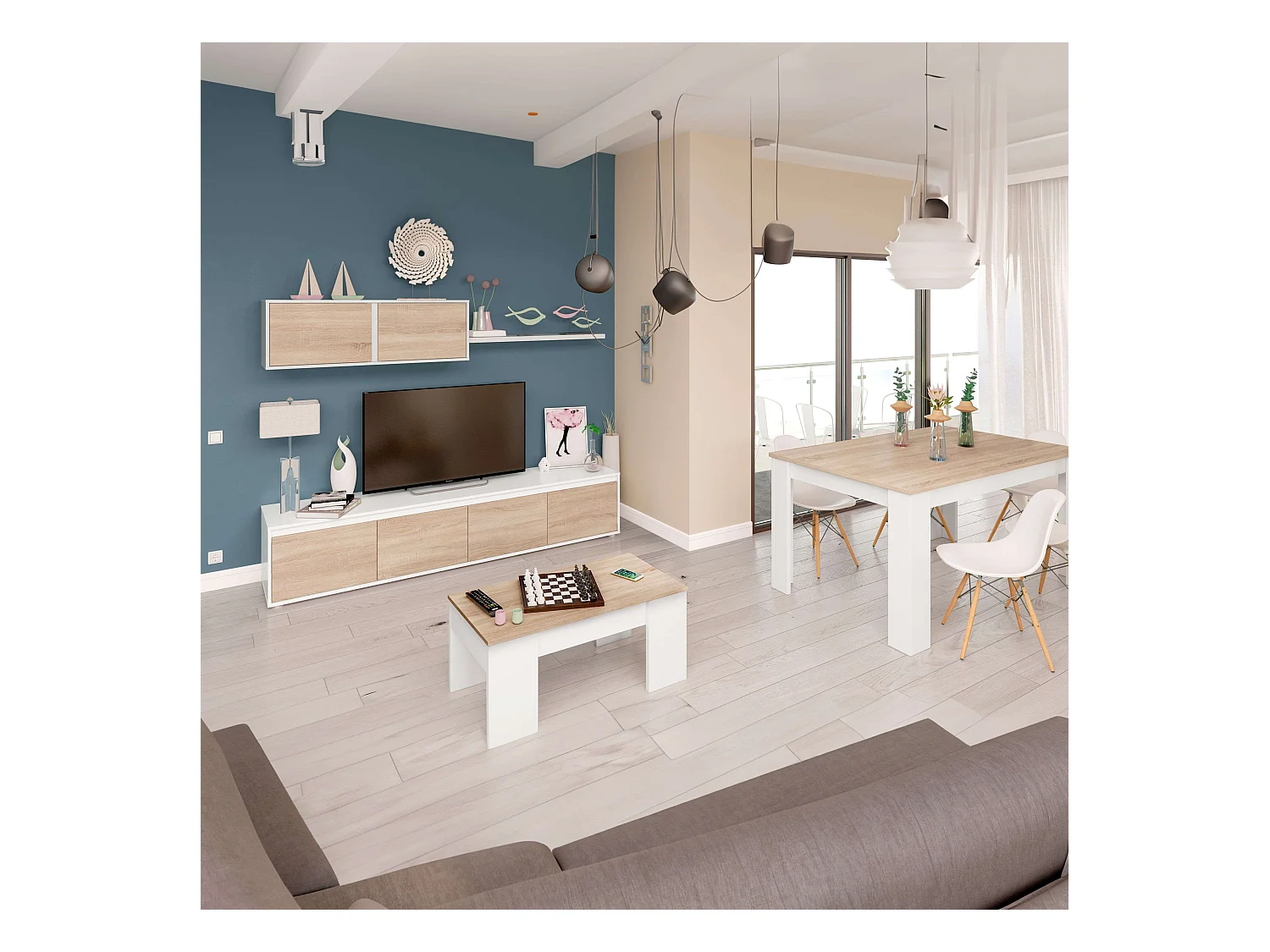 Pack Muebles Salón Estilo Nórdico Blanco Roble: TV, Mesa Centro, Comedor