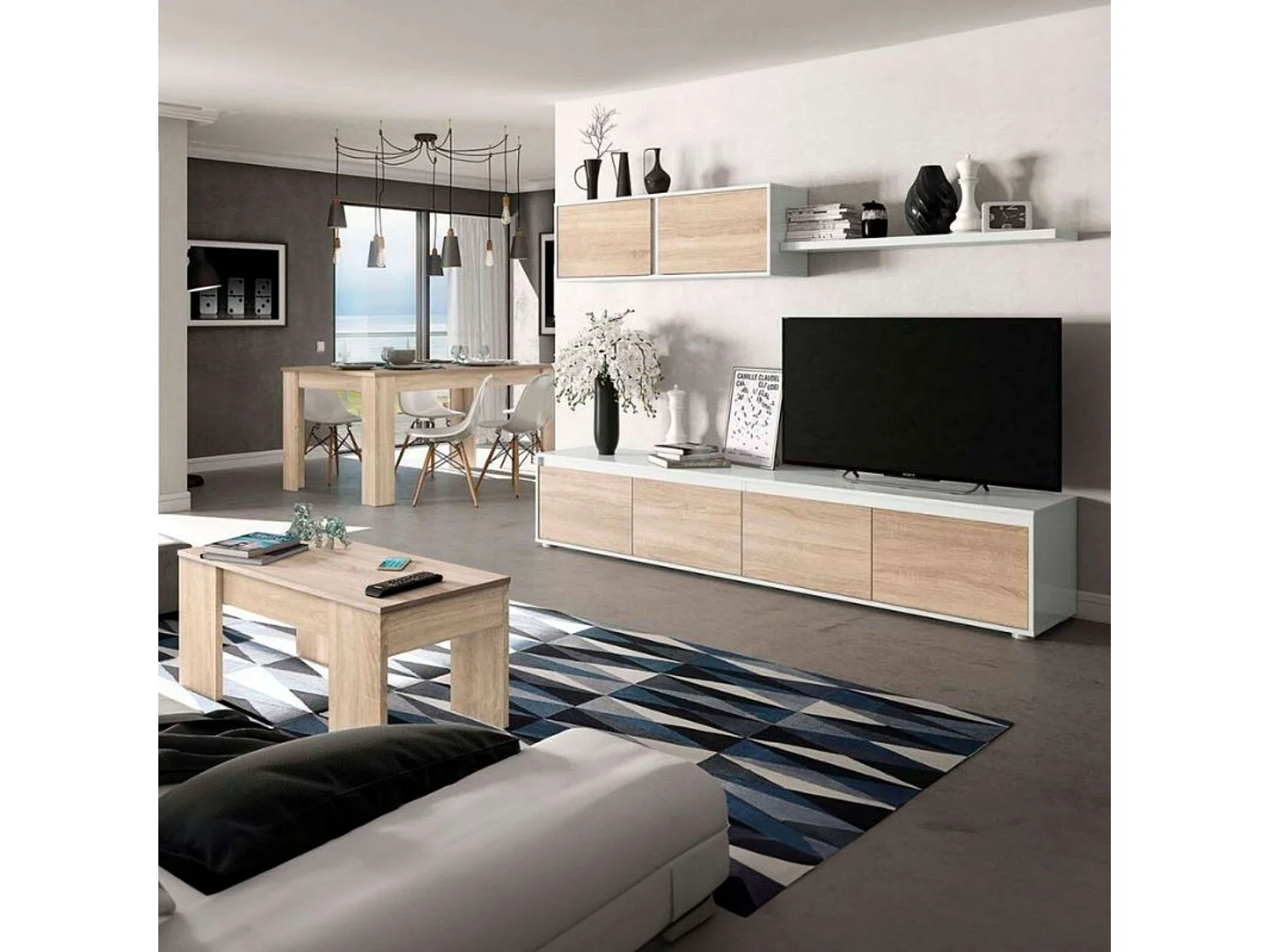 Pack Muebles Salón Estilo Nórdico Blanco Roble: TV, Mesa Centro, Comedor