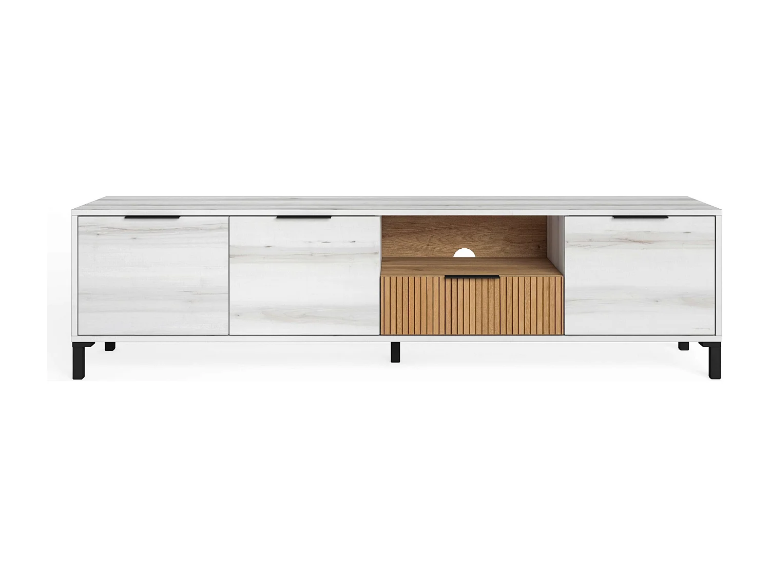 Muebles Salón Tokio Nórdico Blanco Albo y Roble Rayado (Aparador + Mesa + TV)