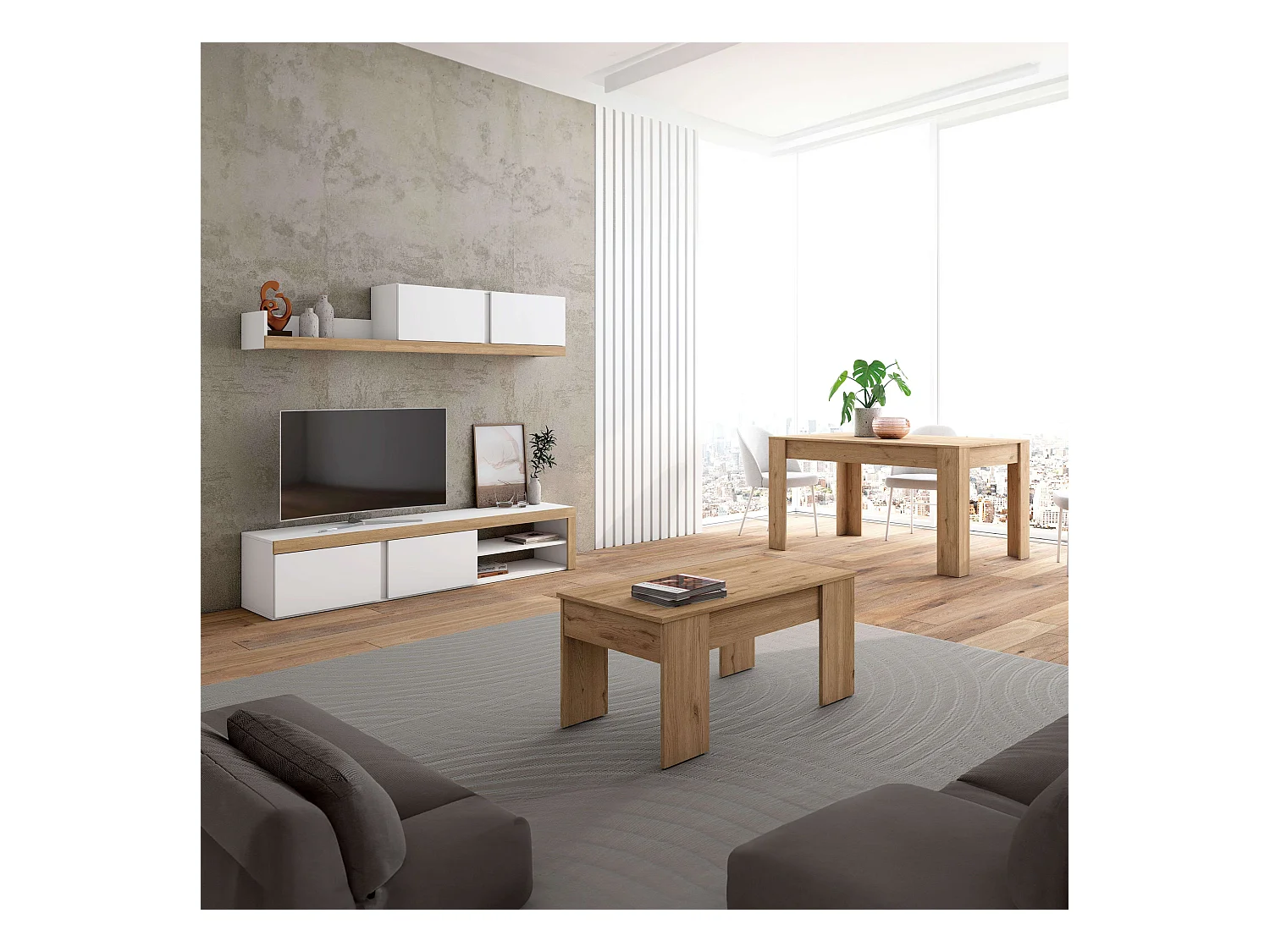 Pack Muebles Salón Blanco Mate/Roble Mueble TV, Mesa Centro, Comedor Ext.