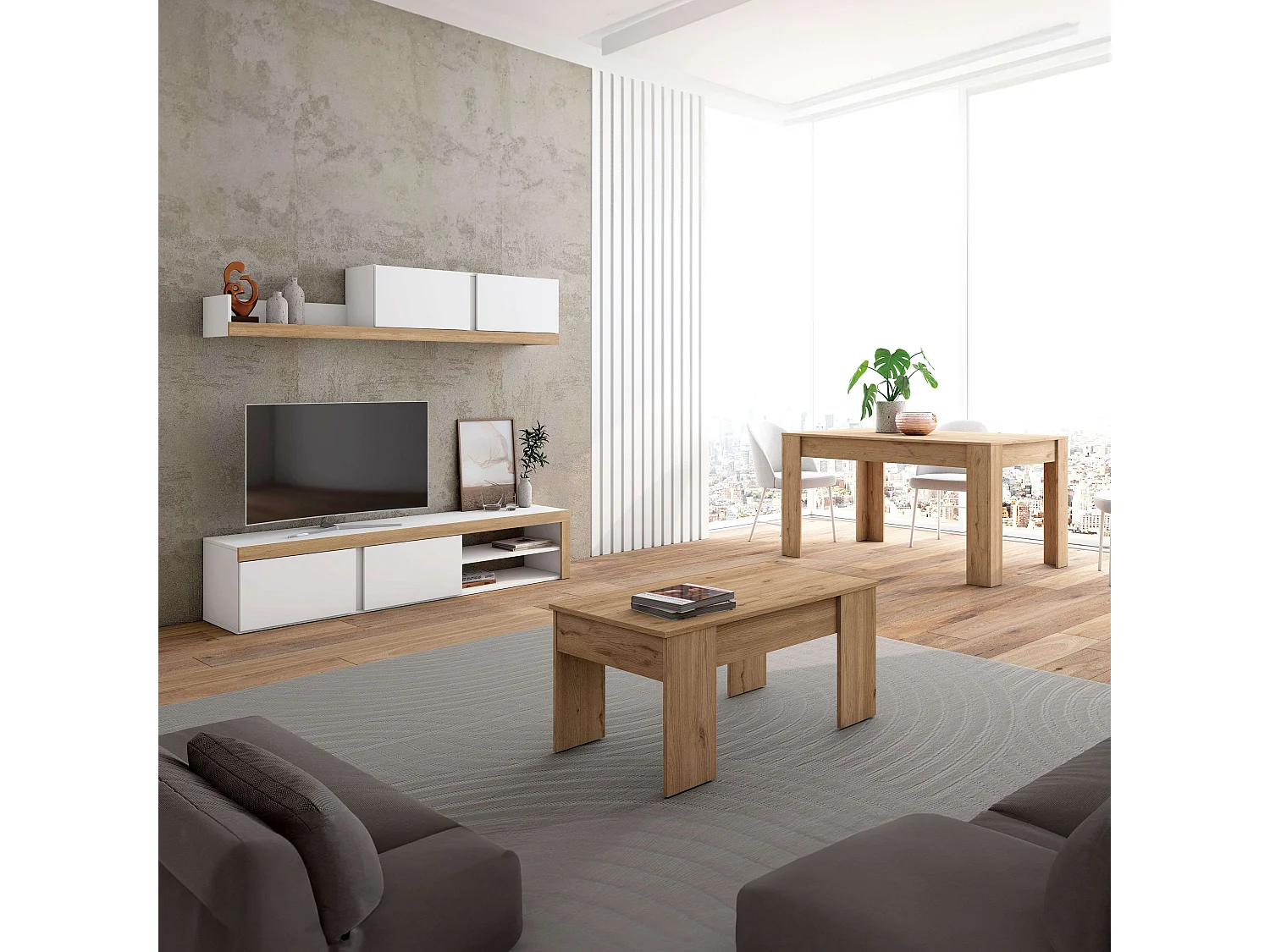 Pack Muebles Salón Blanco Mate/Roble Mueble TV, Mesa Centro, Comedor Ext.