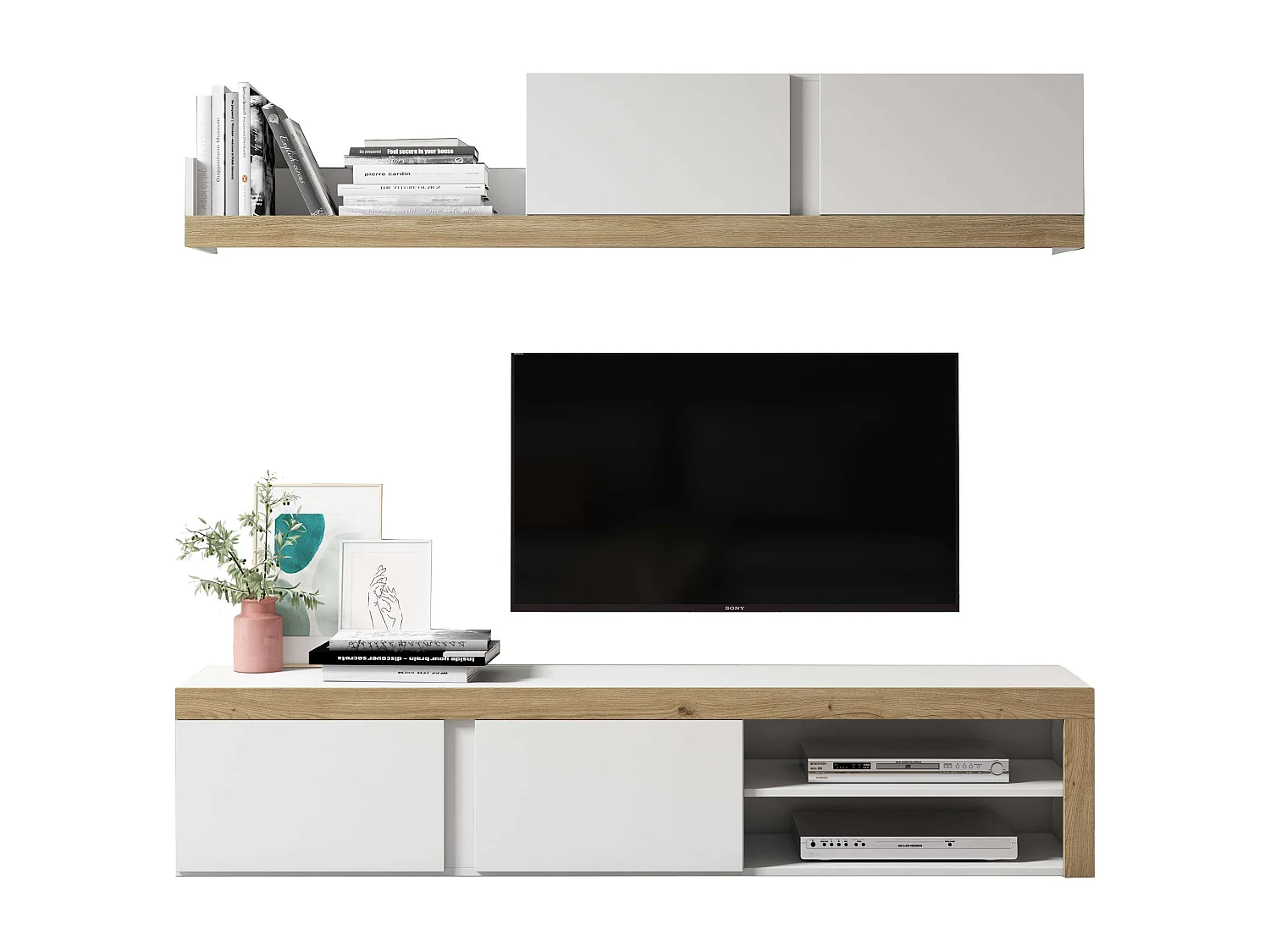 Pack Muebles Salón Blanco Mate/Roble Mueble TV, Mesa Centro, Comedor Ext.