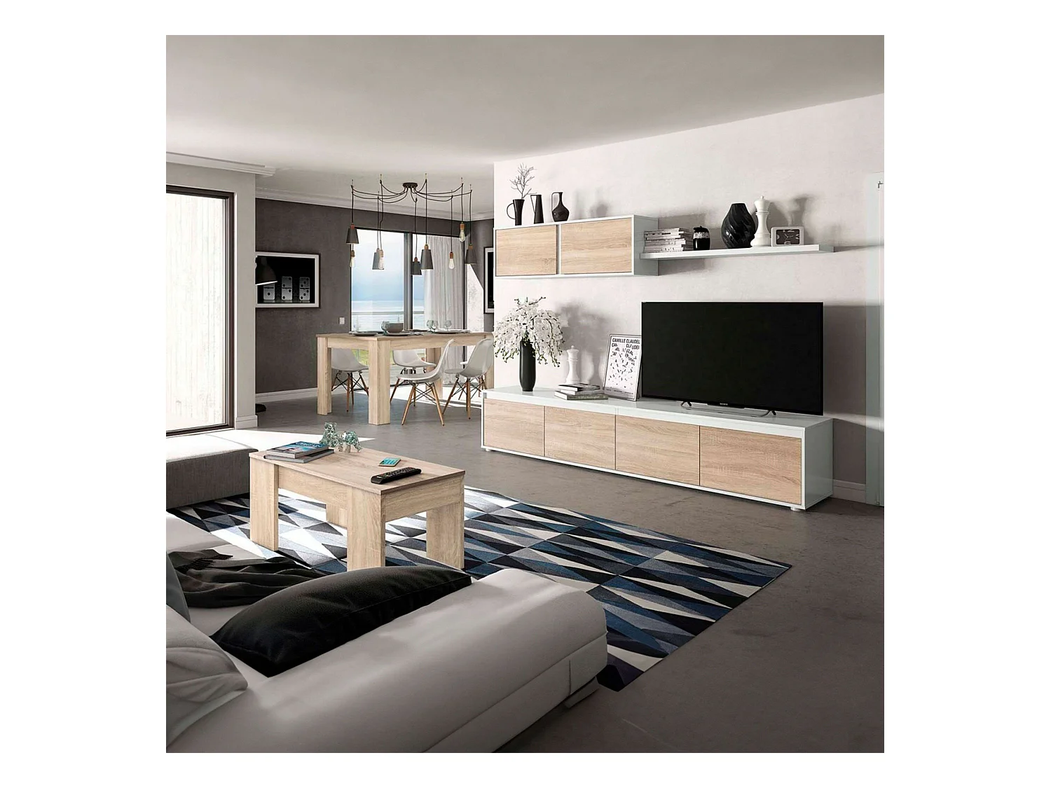Pack Muebles Salón Nórdico: Módulo TV, Mesa Centro y Comedor Blanco/Roble