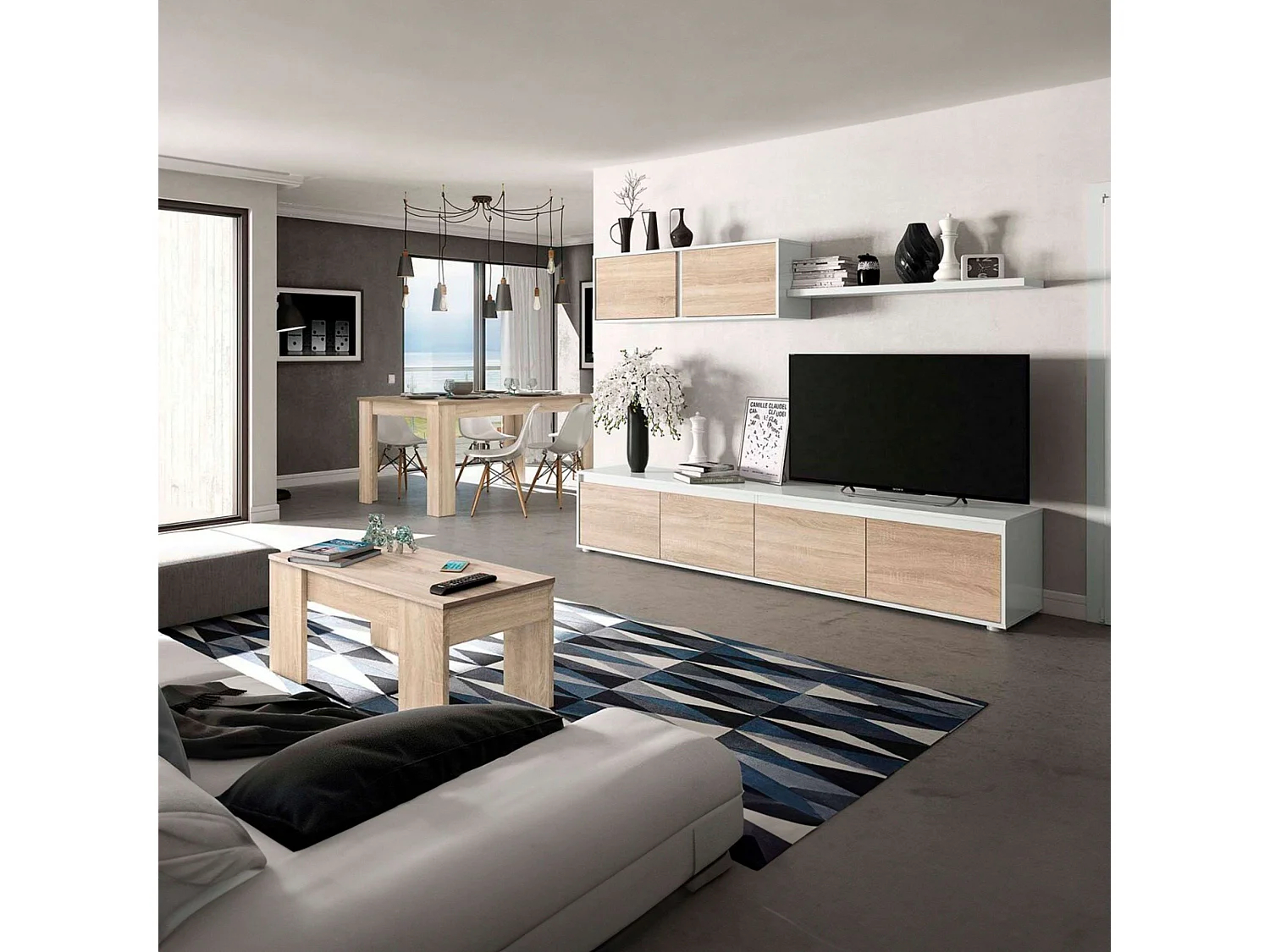 Pack Muebles Salón Nórdico: Módulo TV, Mesa Centro y Comedor Blanco/Roble