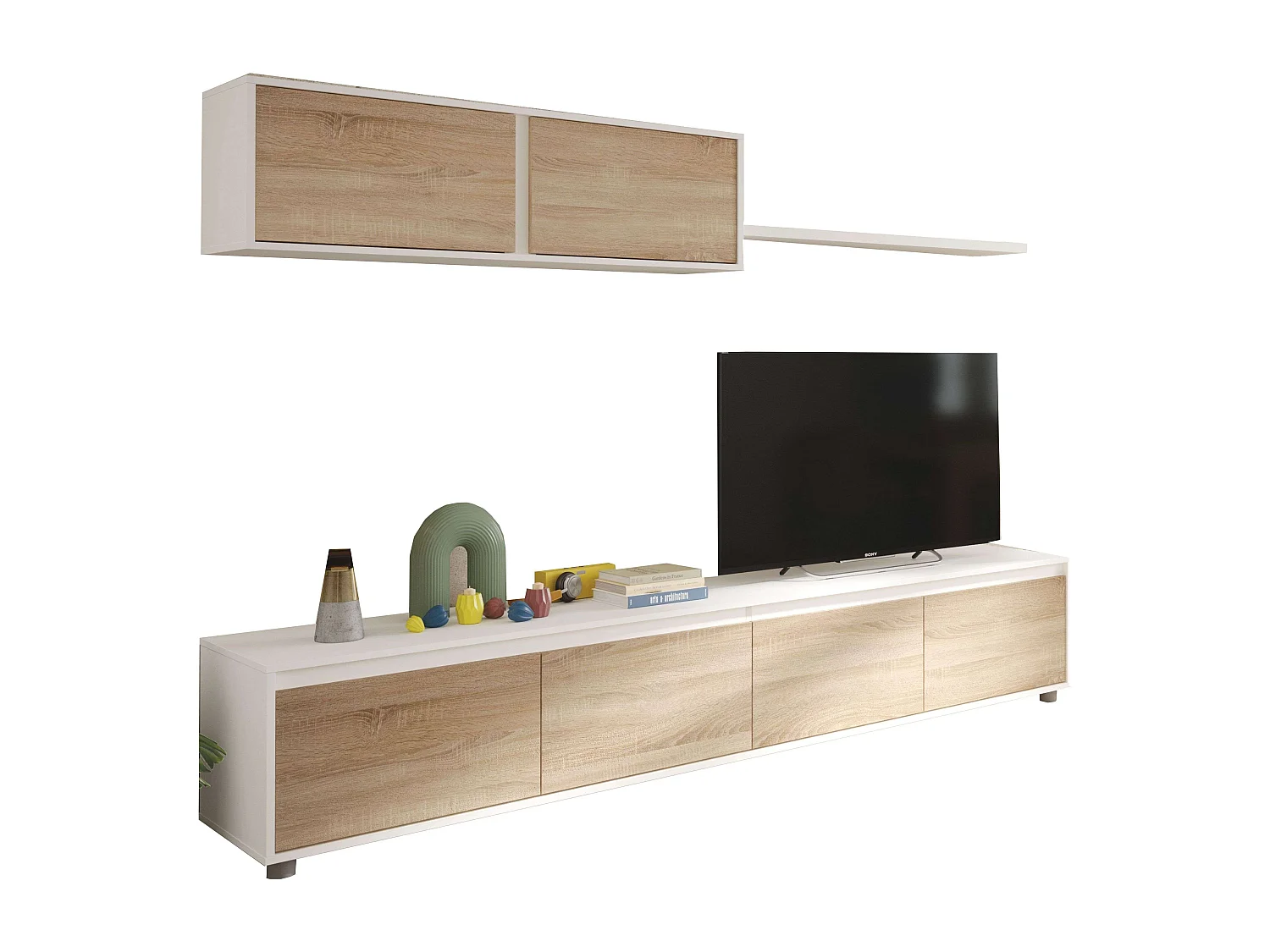 Pack Muebles Salón Nórdico: Módulo TV, Mesa Centro y Comedor Blanco/Roble