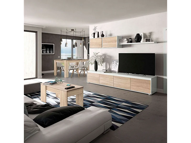 Pack Muebles Salón Nórdico: Módulo TV, Mesa Centro y Comedor Blanco/Roble