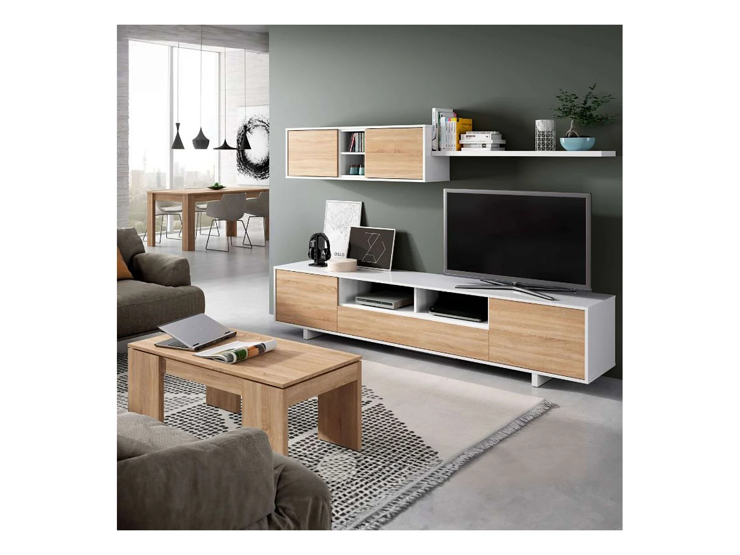 Pack Muebles Salón: Mueble, Mesa Centro Elevable y Comedor Extensible