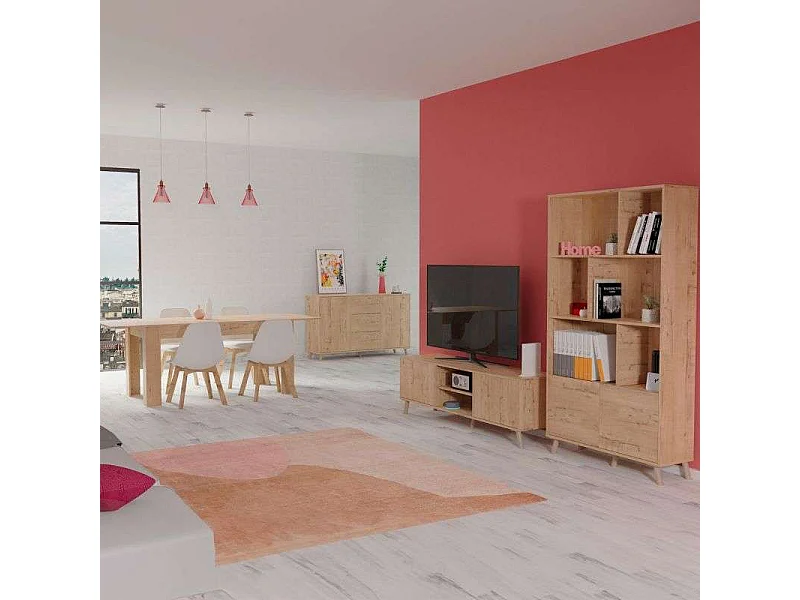 Pack Muebles Salón Oslo Roble Gold: Mesa Extensible, TV, Aparador, Librería