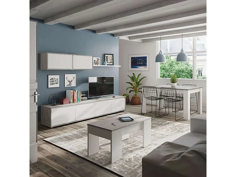 Pack Muebles Salón Comedor: Módulo TV, Mesas Centro y Comedor Blanco