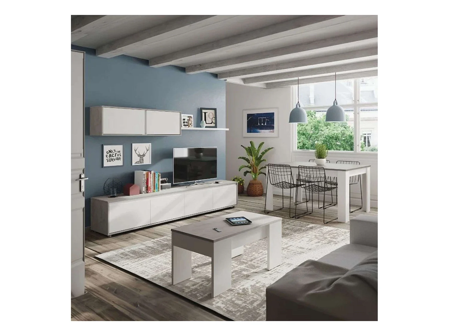 Pack Muebles Salón Comedor: Módulo TV, Mesas Centro y Comedor Blanco