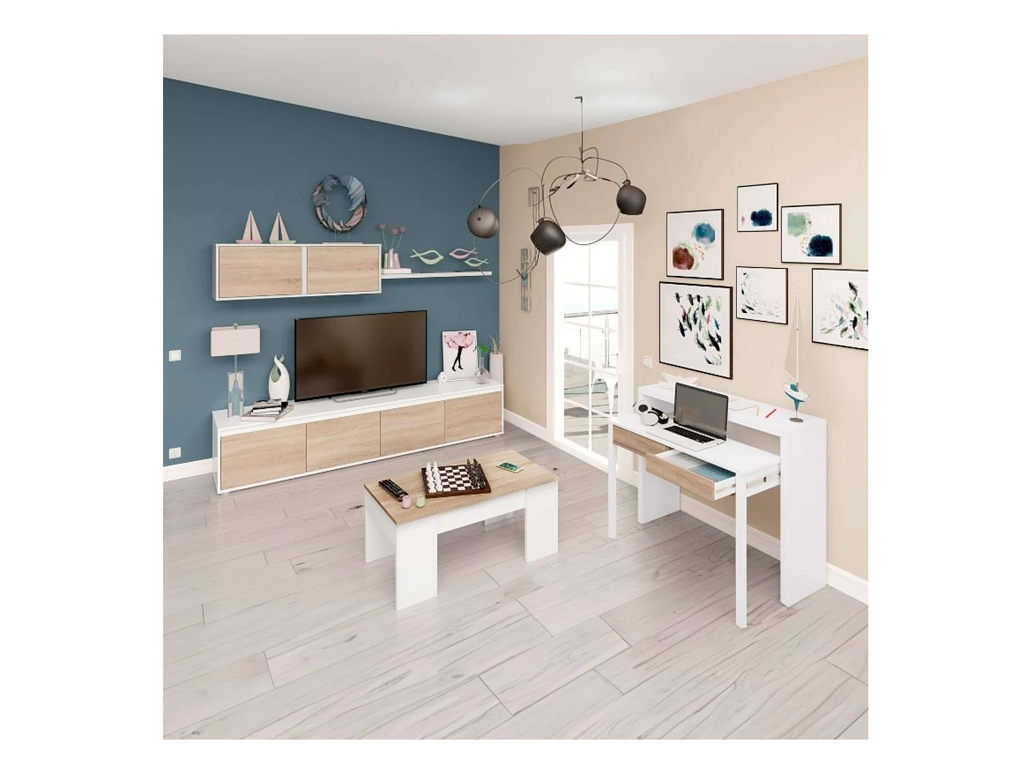 Pack Muebles Salón Completo Roble Blanco: Mueble + Mesa + Escritorio