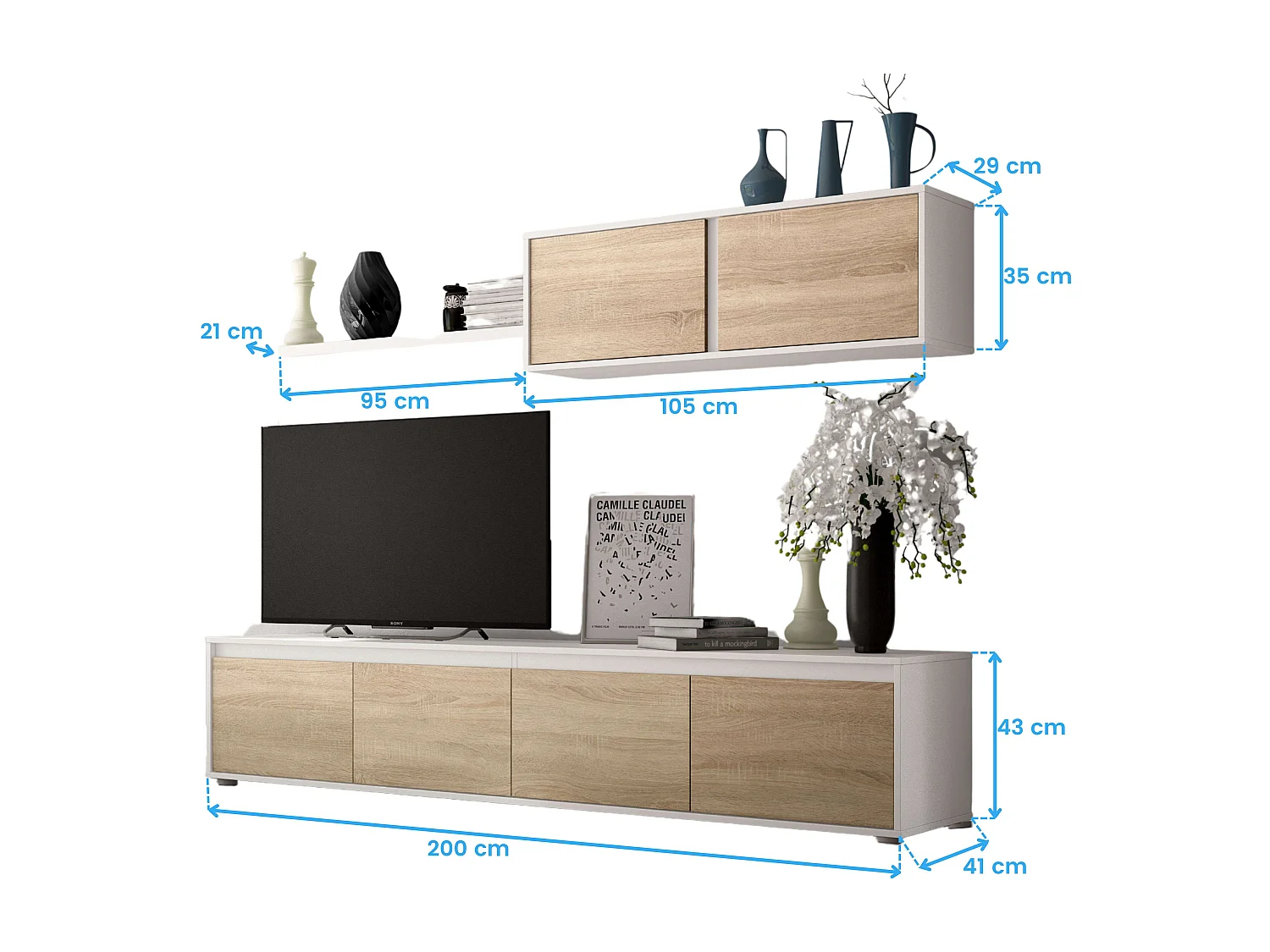 Pack Muebles Salón Completo Roble Blanco: Mueble + Mesa + Escritorio