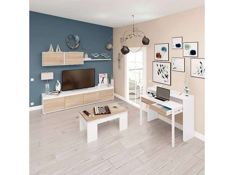 Pack Muebles Salón Completo Roble Blanco: Mueble + Mesa + Escritorio