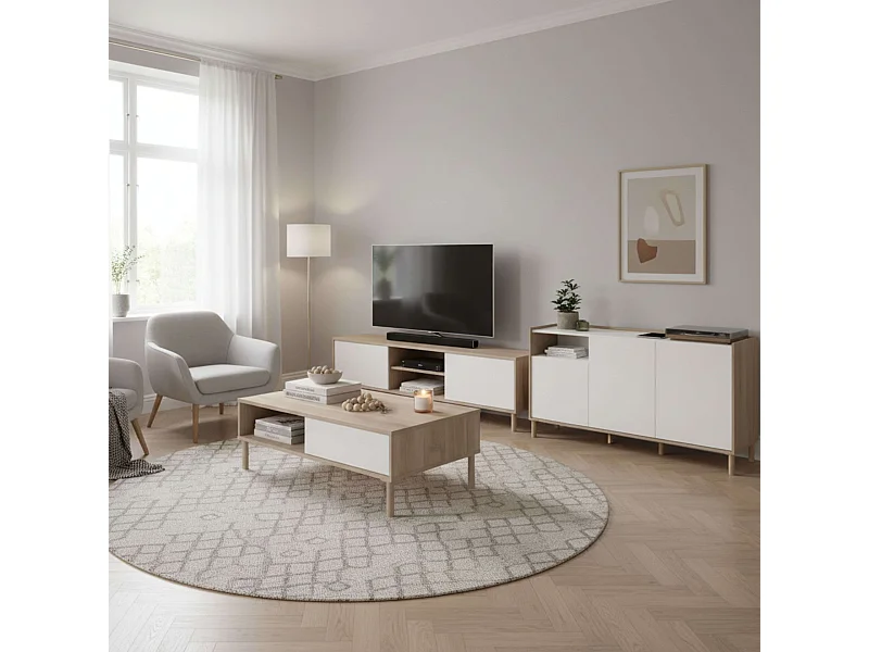 Pack Muebles Salón Azzaro Moderno Roble Japonés Blanco: TV, Mesa, Aparador
