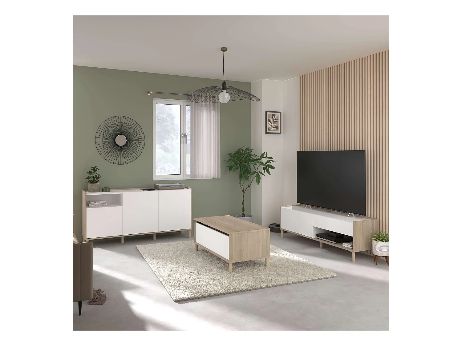 Pack Muebles Salón Azzaro Moderno Roble Japonés Blanco: TV, Mesa, Aparador