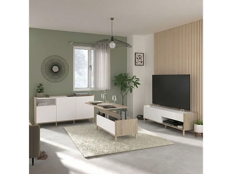 Pack Muebles Salón Azzaro Moderno Roble Japonés Blanco: TV, Mesa, Aparador
