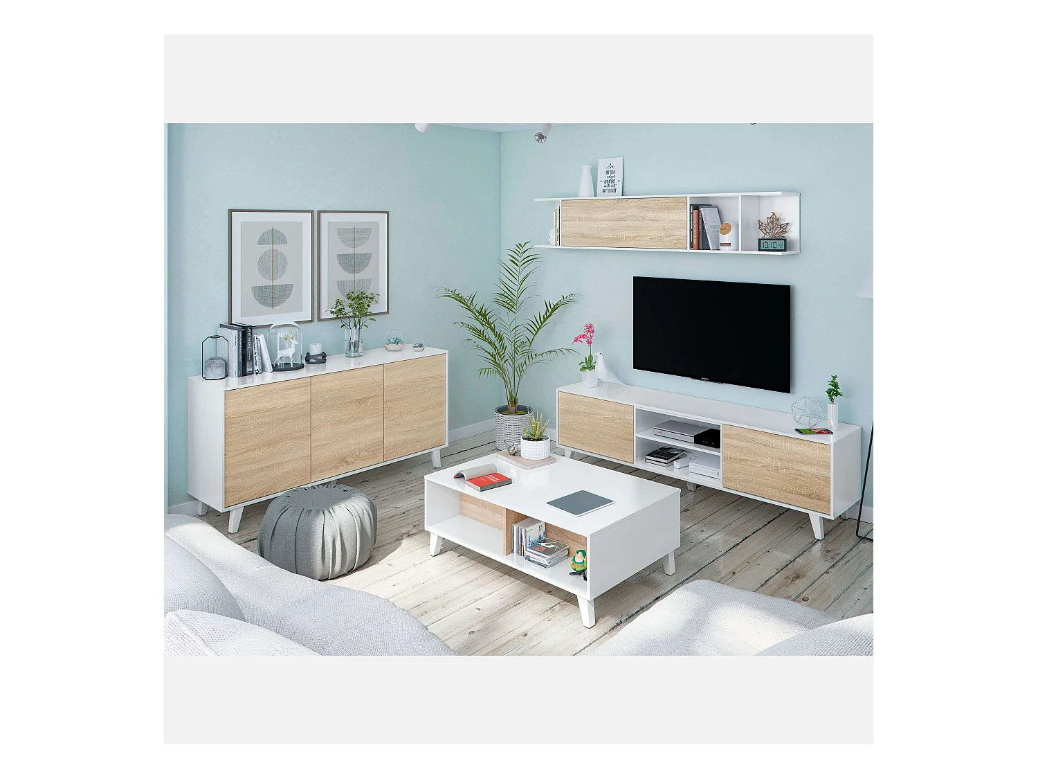 Kit 3 Muebles Salón Blanco Zaiken y Roble Canadian (TV, centro, aparador)