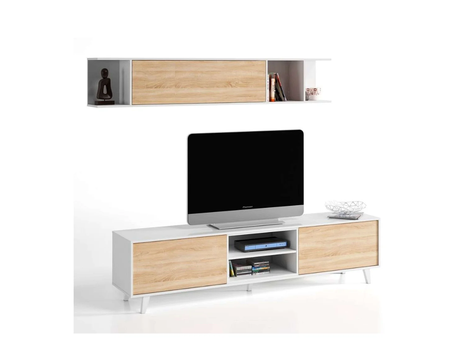Kit 3 Muebles Salón Blanco Zaiken y Roble Canadian (TV, centro, aparador)