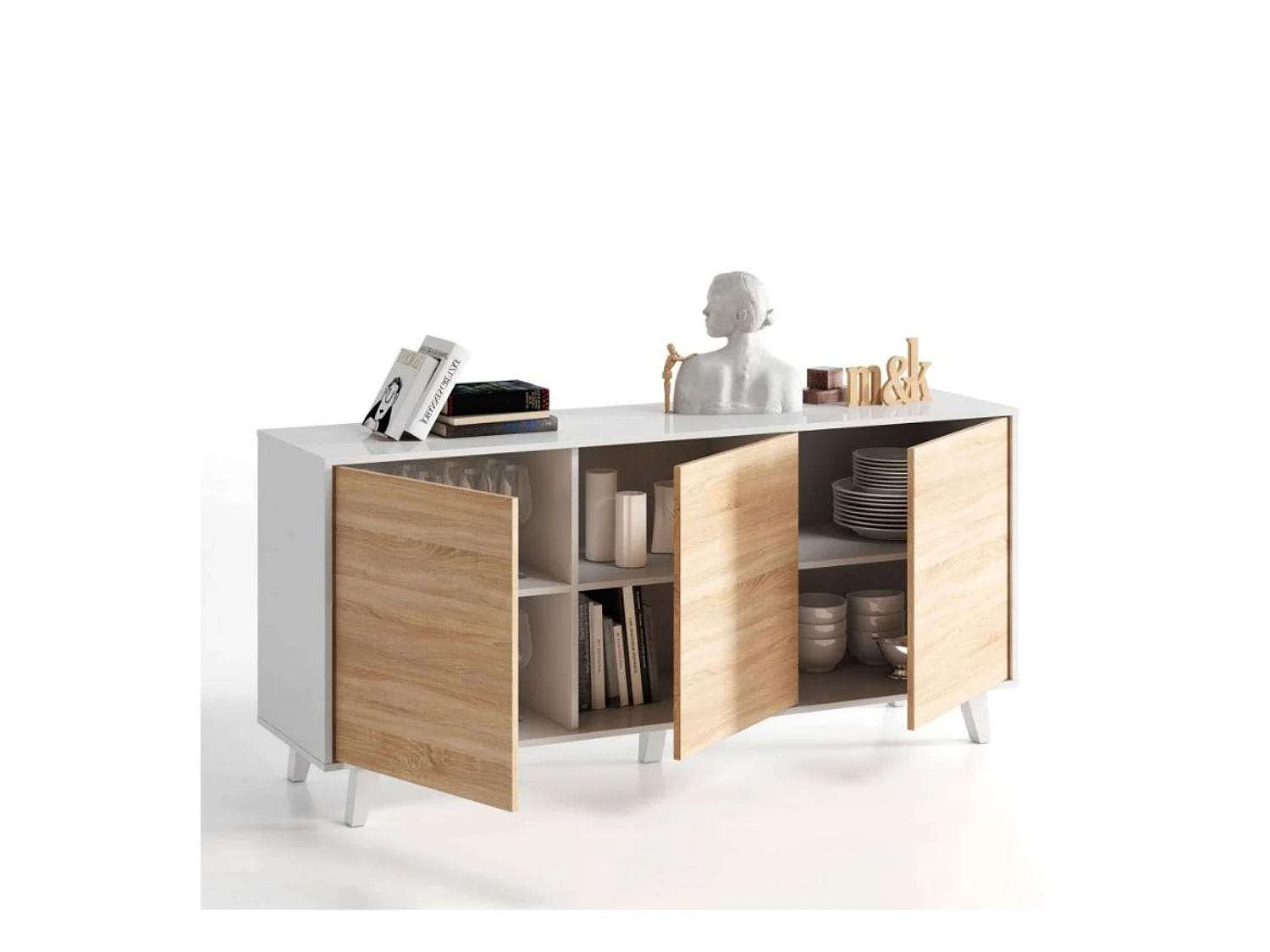 Kit 3 Muebles Salón Blanco Zaiken y Roble Canadian (TV, centro, aparador)