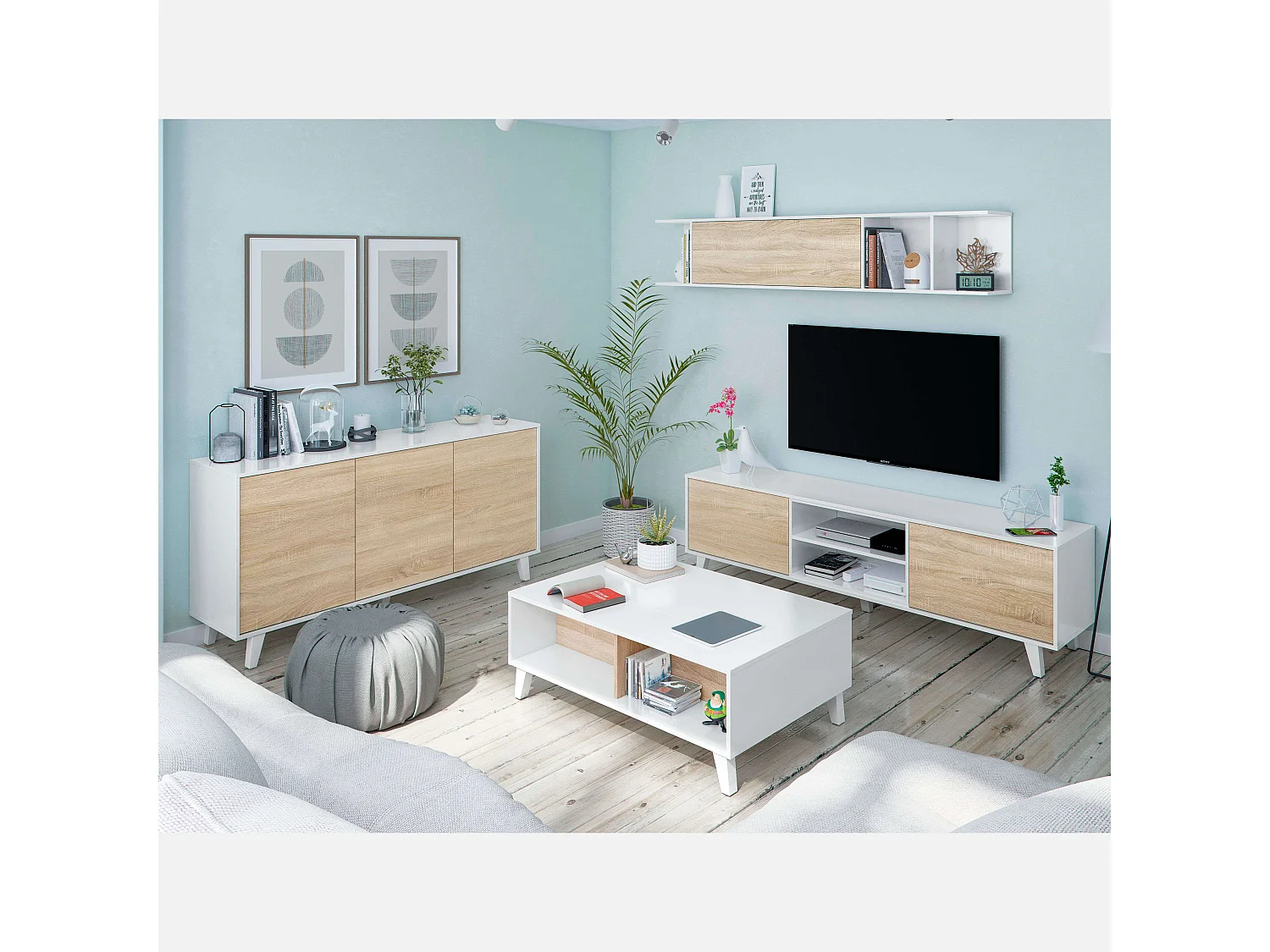 Kit 3 Muebles Salón Blanco Zaiken y Roble Canadian (TV, centro, aparador)