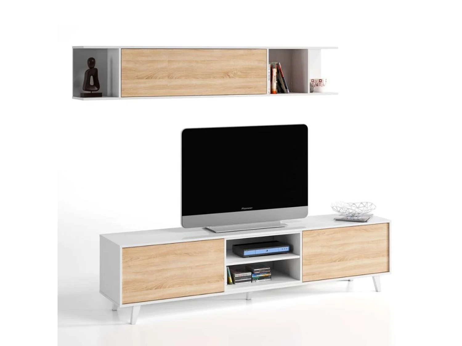 Kit 3 Muebles Salón Blanco Zaiken y Roble Canadian (TV, centro, aparador)